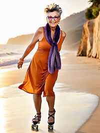 An elderly woman with a mohawk and wrinkled skin poses on the beach during golden hour
