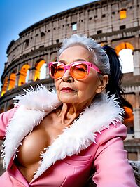 Elderly woman in pink suit poses at the Colosseum under twilight's dimming glow