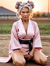 An old woman in a pink kimono stands on a military base at sunrise