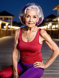 A grandmother poses on a dimly lit boardwalk in her red tank top and purple leggings