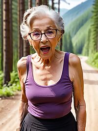 A 90 year old grandmother with purple tank top and black microskirt poses in forest clearing