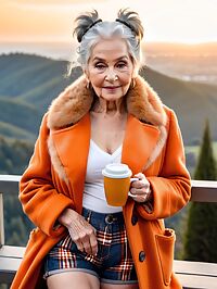 An old woman with grey eyes poses outside an observatory at sunrise