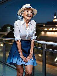 A 90 year old grandmother with wrinkled skin and ombre hair poses in a blue microskirt