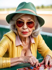 Elderly model wears yellow bodypaint at twilight racetrack photoshoot
